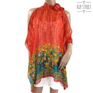 METROSTYLE Tie Neck Cold Shoulder Boho Print Chiffon Poncho Coverup 1 Size